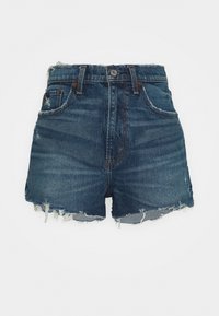 Shorts en denim bleu foncé avec taille haute, ourlet effiloché et accents déchirés. Comprend cinq poches et une fermeture à bouton.