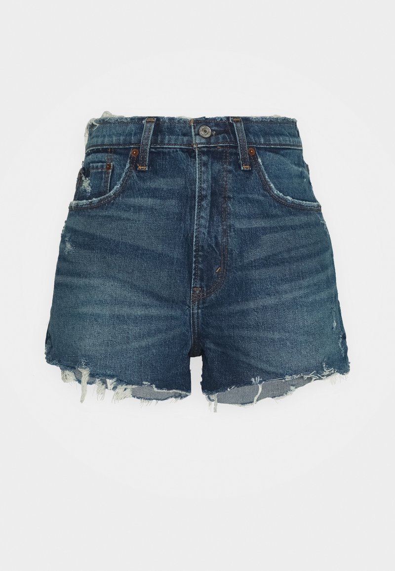 Shorts en denim bleu foncé avec taille haute, ourlet effiloché et accents déchirés. Comprend cinq poches et une fermeture à bouton.