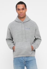 Sweatshirt à capuche gris en tissu doux, avec une poche avant et un logo brodé bleu. Coupe décontractée au design confortable.