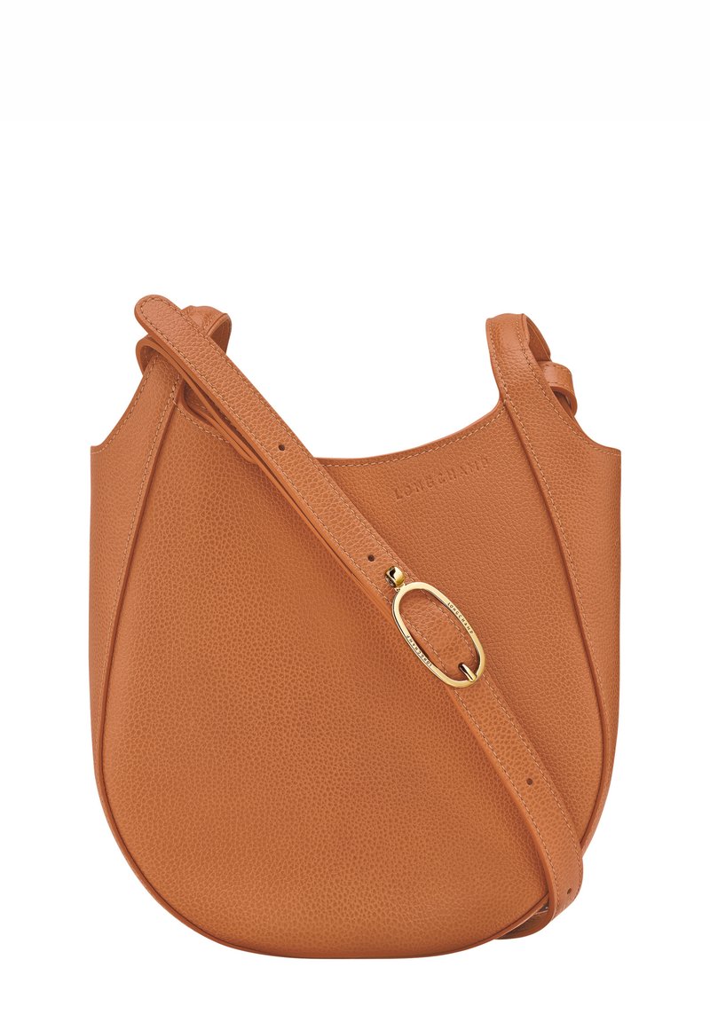 Orange leather shoulder bag with a pebbled texture, curved shape, and adjustable strap. Features a gold-tone hardware accent.