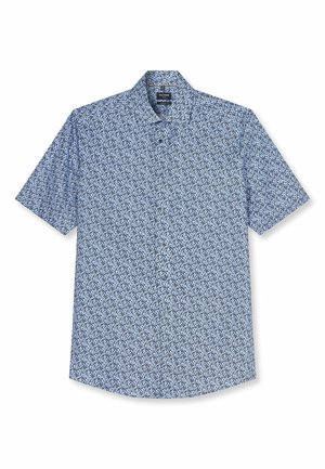 Camicia a maniche corte con bottoni, con motivo astratto di vite blu e nero, colletto classico e tessuto leggero.