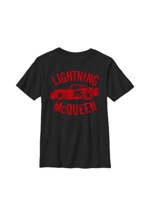 Sort T-shirt med en rød grafik af en racerbils og teksten "Lightning McQueen" over og under bilen.