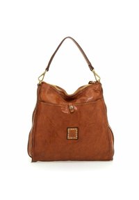 Borsa a tracolla in pelle tan con chiusura a zip, base piatta, parte superiore arrotondata, dettaglio decorativo a forma di quadrato e hardware in tonalità dorata.