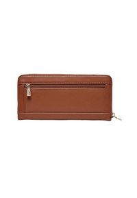 Portafoglio in pelle marrone con scomparto con cerniera, design elegante, texture liscia e dettaglio di cucitura sottile lungo i bordi.