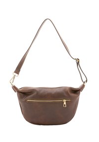 Borsa a tracolla in pelle marrone con una sola tracolla e una tasca frontale con zip. Presenta dettagli in metallo dorato e una texture liscia.