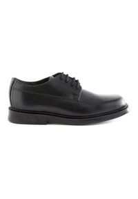Chaussures de ville pour hommes en cuir noir avec une finition lisse, bout arrondi, design à cinq œillets et semelle en caoutchouc basse.