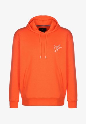 Sudadera con capucha naranja hecha de tela de sudadera, con un bolsillo frontal, capucha ajustable con cordón y bordado del logo blanco de Michael Jordan.
