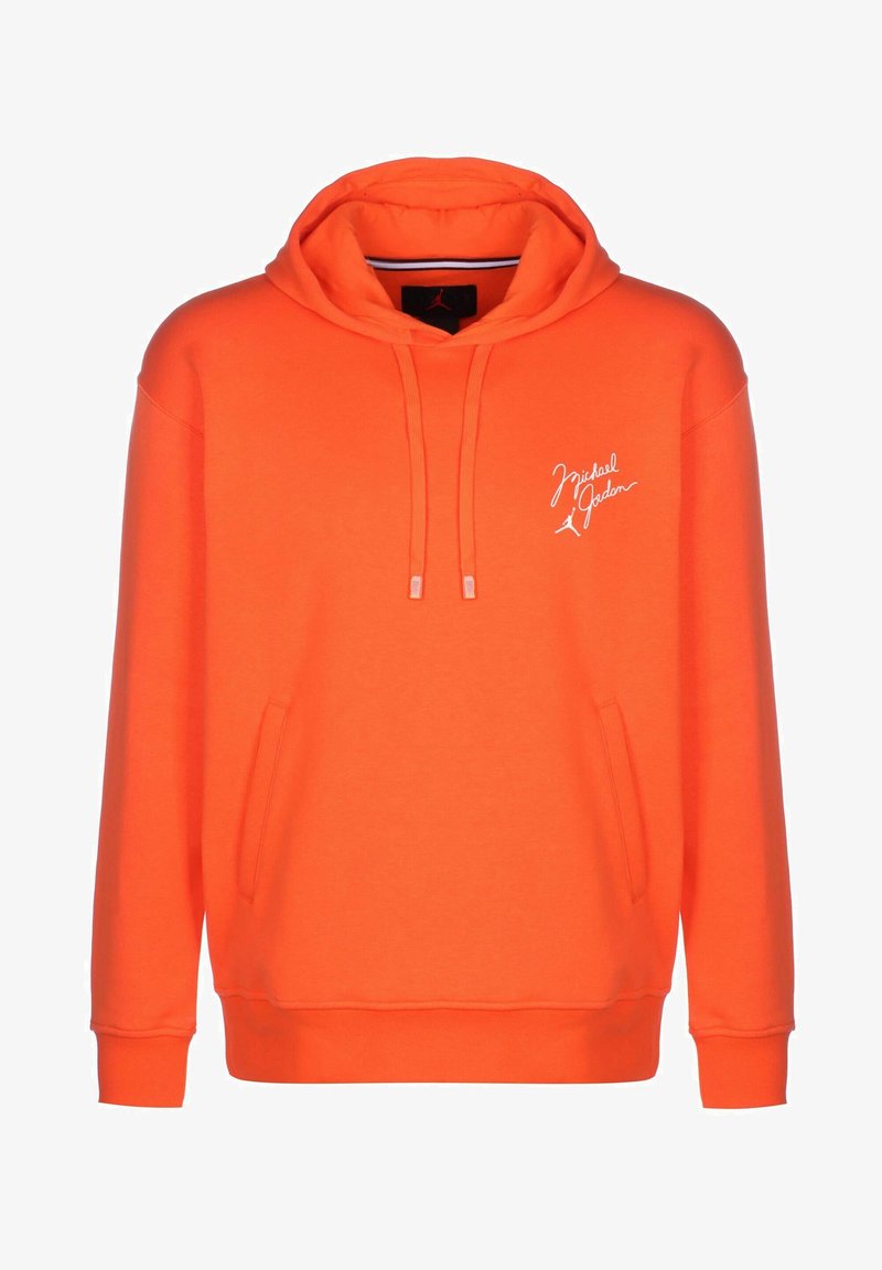 Sweat à capuche orange en tissu molletonné avec poche avant, capuche réglable à cordon de serrage, et broderie du logo Michael Jordan en blanc.