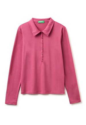 Long-sleeve pink polo shirt with a folded collar and five buttons down the front placket, displayed flat on a white background.