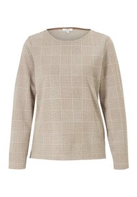 Top de manga larga color marrón claro con un patrón de cuadros, con un escote redondeado y una textura suave. Diseño ligero y casual.