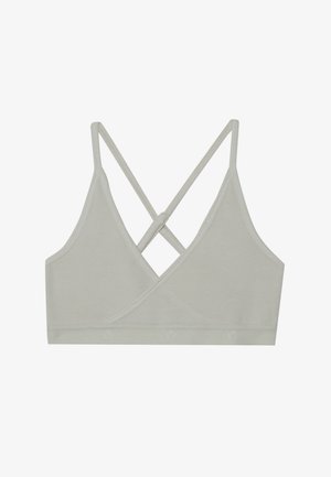 Svetle šedý bralet s jemnou žebrovanou texturou. Má trojúhelníkový design a křížové ramínka na zádech, bez dalšího hardwaru.