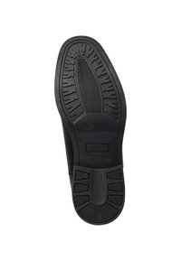 Suela de zapato negra con un patrón de agarre texturizado, que presenta líneas horizontales y verticales, y el logo "s.Oliver" estampado cerca del talón.