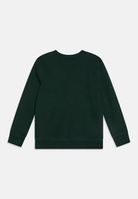 Sweatshirt verde escuro, mangas compridas, punhos e bainha canelados, decote redondo, tecido suave, vista traseira com detalhe minimalista e etiqueta.