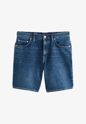 Pantalones cortos vaqueros azules con trabillas para cinturón, botón delantero, cremallera y tres bolsillos delanteros, colocados planos sobre un fondo blanco.