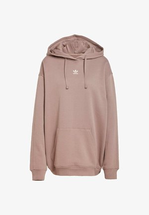 Felpa con cappuccio color rosa tenue, realizzata in un materiale morbido. Presenta una tasca frontale, cappuccio regolabile con cordino e un logo bianco sul petto.