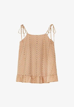 Lekka, brzoskwiniowa koszulka na ramiączkach z cienkimi paskami, falbanką na dole i geometrycznym wzorem małych, kolorowych prostokątów na całej powierzchni.