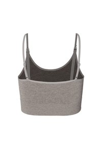 Naadloze grijze gebreide bralette met verstelbare bandjes en een brede band, vanaf de achterkant getoond tegen een witte achtergrond.