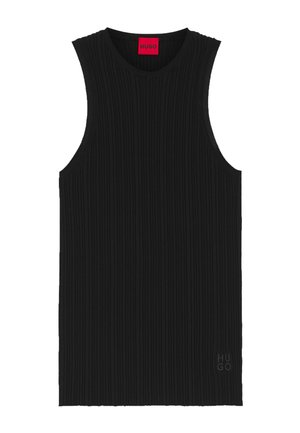 Schwarzes, geripptes, ärmelloses Stricktop mit rundem Ausschnitt und kleinem, geprägtem "HUGO"-Logo nahe dem unteren Saum, rotes Markenetikett innen am Kragen.