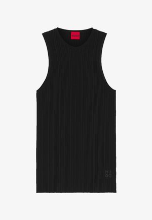 Schwarzes, geripptes, ärmelloses Stricktop mit rundem Ausschnitt und kleinem, geprägtem "HUGO"-Logo nahe dem unteren Saum, rotes Markenetikett innen am Kragen.