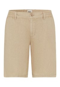 Pantaloni corti beige con un tessuto testurizzato, vita elastica e chiusura con un solo bottone. Presentano tasche tradizionali e cuciture a vista.