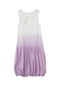 Robe sans manches présentant un haut blanc qui se transforme en jupe ballon lavande clair, avec un détail dos en forme de clé et une taille froncée.
