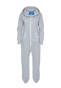Grijze sweatshirt onesie gemaakt van zachte stof. Heeft een frontale rits, twee zijzakken en een capuchon met een witte binnenvoering. Tekst "Moniz" op de borst.