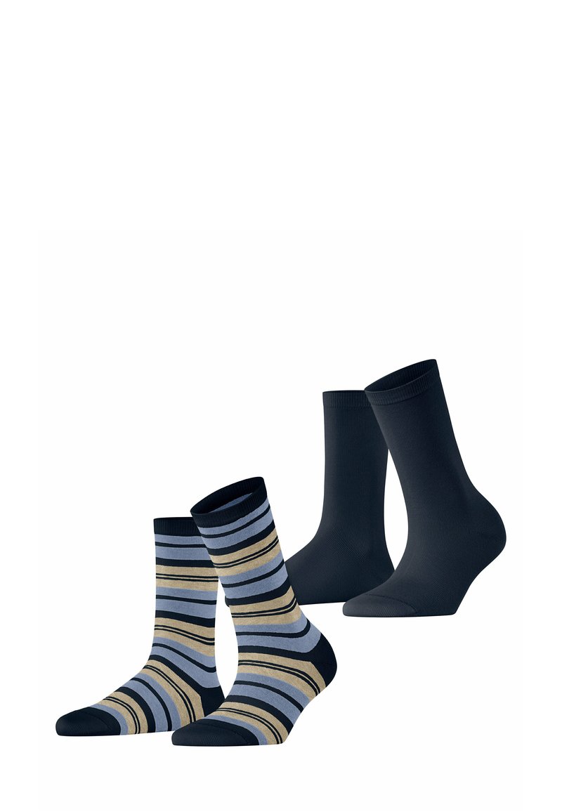 Zwei Paar Socken: ein einfarbiges Dunkelblau, eines mit horizontalen Streifen in Marineblau, Hellblau und Beige. Weicher Stoff mit gerippten Bündchen.