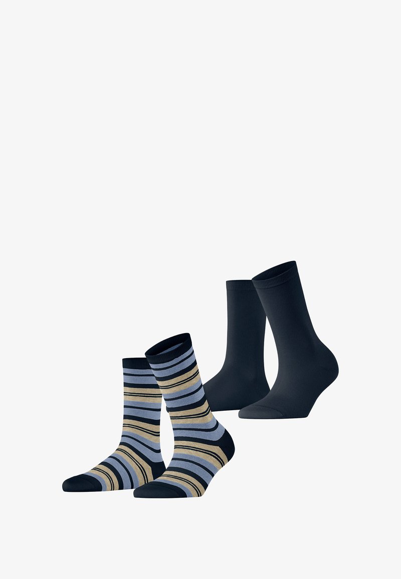 Zwei Paar Socken: ein einfarbiges Dunkelblau, eines mit horizontalen Streifen in Marineblau, Hellblau und Beige. Weicher Stoff mit gerippten Bündchen.