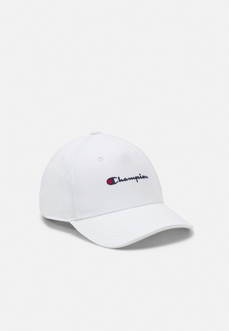 Biely baseballový klobúk vyrobený z bavlny s zakriveným šiltom. Na prednej strane sa nachádza vyšitý logo "Champion" v námorníckej modrej a červenej farbe.