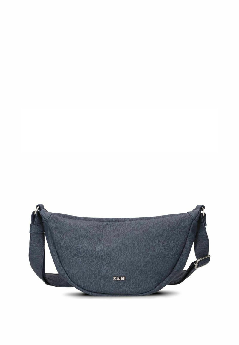 Borsa a tracolla blu in pelle con forma curva, finitura testurizzata, tracolla regolabile e logo metallico "ZWEI". Design semplice e funzionale.