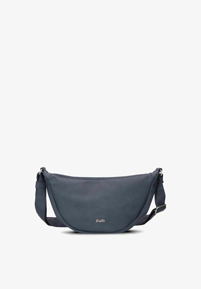 Borsa a tracolla blu in pelle con forma curva, finitura testurizzata, tracolla regolabile e logo metallico "ZWEI". Design semplice e funzionale.