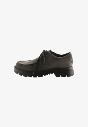 Gray suede shoe with a rounded toe, black laces, and a chunky black rubber sole featuring pronounced treads and stitching details.