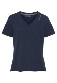 Navy blue short-sleeve V-neck t-shirt in a soft fabric. Features a subtle logo on the shoulder and a straight hemline.