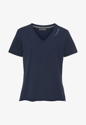 Navy blue short-sleeve V-neck t-shirt in a soft fabric. Features a subtle logo on the shoulder and a straight hemline.