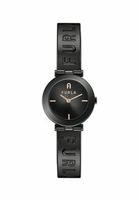 Juodas laikrodis su apvaliu ciferblatu, rožių aukso akcentais, tekstūruota juoda apyrankė su "FURLA" ženkleliu ir minimalistiniais valandų žymekliais.