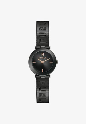 Zwarte horloge met een ronde wijzerplaat, rosegouden accenten, gemarmerde zwarte band met "FURLA" branding en minimalistische uurmarkeringen.