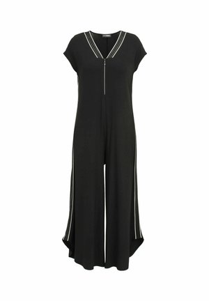 Schwarzer Jumpsuit mit kurzen Ärmeln, V-Ausschnitt, Reißverschluss und weißen Seitenstreifen. Ausgestellte Beine mit hohem und niedrigem Saum, gefertigt aus einem weichen Stoff.