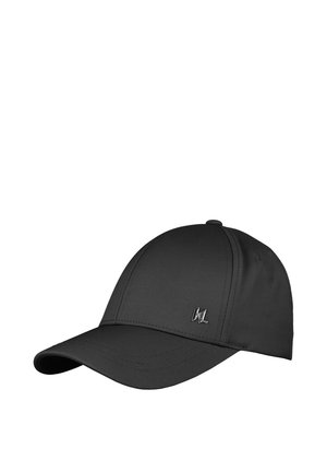 Schwarze Baseballkappe mit gebogenem Schirm und kleinem silbernem Logo auf dem vorderen Panel, vor weißem Hintergrund gezeigt.