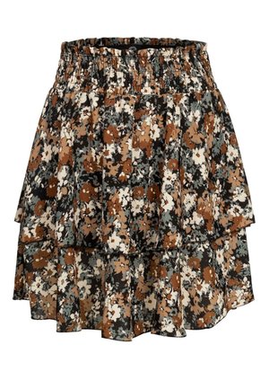 Blumigen, gestuften Rock mit elastischem Bund, der ein Muster aus braunen, cremefarbenen und grünen Blumen auf schwarzem Hintergrund zeigt. Leichter Stoff.
