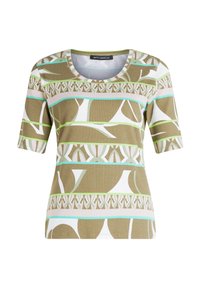 Short-sleeve top with a rounded neckline, featuring a green, white, and pastel pattern, made from a soft, textured fabric.