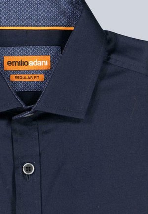 Navy blue regular fit shirt with buttoned collar and orange brand label "emilio adani" inside collar.