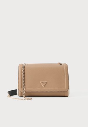 Beige synthetic leather shoulder bag with a chain strap, smooth texture, flap closure, and a metallic logo on the front.