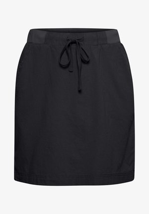 Black drawstring skirt with an elastic waistband, featuring side pockets and a straight cut. Made from a lightweight fabric with a smooth texture.