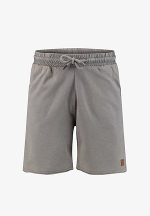 Grijze casual shorts met elastische tailleband en trekkoord, voorzien van een klein bruin logopatchje vlak bij de zoom.
