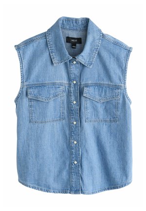 Bezrukávová svetlomodrá rifľová košeľa s golierom, patentkami vpredu a dvoma náprsnými klopovými vreckami.