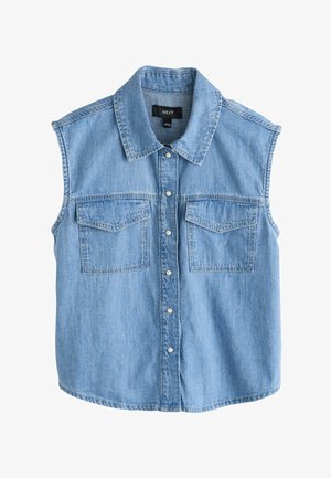 Bezrukávová svetlomodrá rifľová košeľa s golierom, patentkami vpredu a dvoma náprsnými klopovými vreckami.