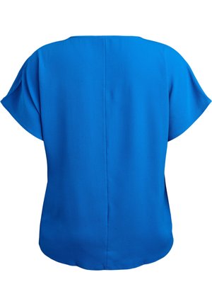 Mėlynas trumpomis rankovėmis viršus su laisvu siluetu, apvaliu apykakle ir lygiu paviršiumi. Savybės - tiesioginis kirpimas be matomų puošmenų.