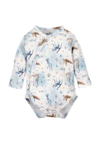 Hvid langærmet baby romper med blå knapper og print af havdyr, herunder blæksprutter, søheste, skildpadder, medusere og fisk.