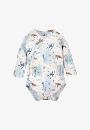 Witte lange mouwen baby romper met blauwe knopen en een print van onderwaterzeedieren, waaronder een octopus, zeepaardjes, schildpadden, kwallen en vissen.