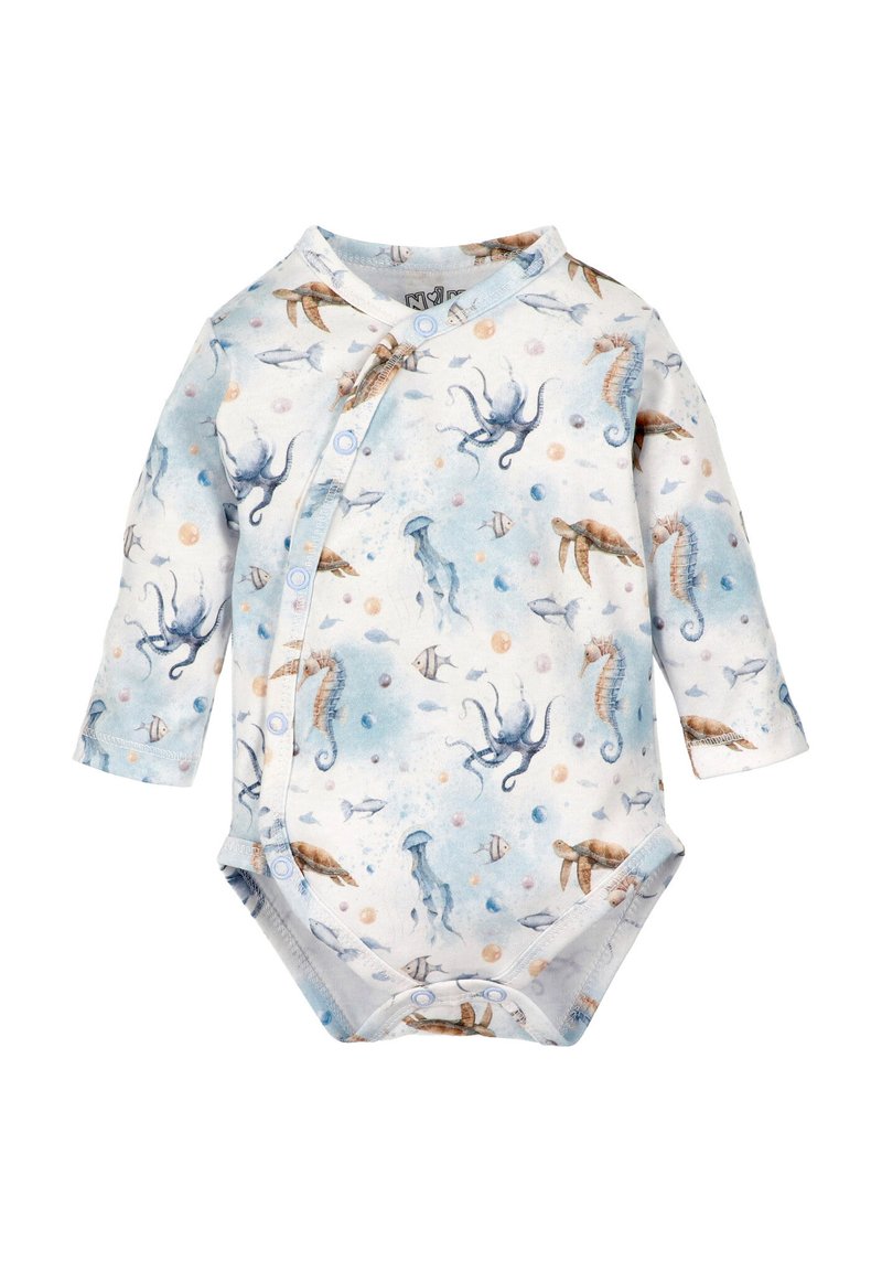 Hvid langærmet baby romper med blå knapper og print af havdyr, herunder blæksprutter, søheste, skildpadder, medusere og fisk.